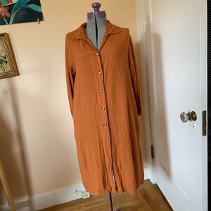 Orange Linen Shirt Dress Sz M Button Up Side Pockets Fall Midi Long Sleeve